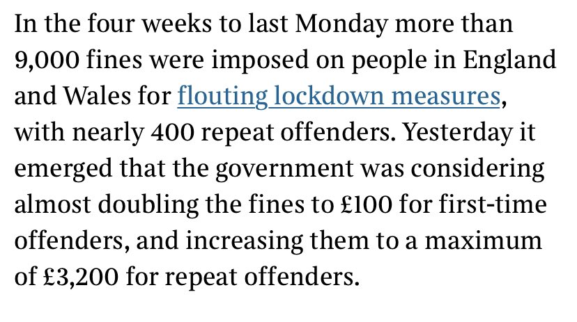 Interesting Times article on policing the lockdown. Government apparently wants to double or even triple fines. Meanwhile police don’t want to enforce reduced lockdown. Review of the regs has to be done by this Thursday  https://www.thetimes.co.uk/article/coronavirus-dont-ask-us-to-enforce-looser-social-distancing-say-police-5lb02qd6l /123