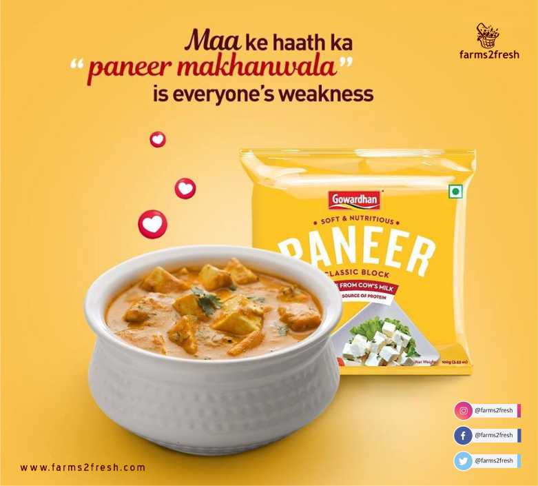 farms2fresh's tweet image. Gowardhan paneer makes for a great Paneer Makhanwala. Have you tried it yet?
Shop now your nearest #farms2fresh store.

#Gowardhan #PaneerMakhanwala #Paneer #protein #paneerlove #tasty #yummy #delicious #grocery #Fragrance #StayHomeStaySafe #supermarkets #shopping #shoppingcraze