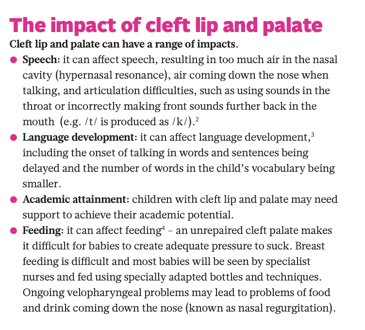 RCSLTpolicy's tweet photo. Our new factsheet highlights the potential impact of #cleft lip & #palate including on #speech #language development, academic attainment & feeding. Read more, including on the role of #CleftSLT here: https://t.co/InJitsyK2i #BehindEverySmile https://t.co/KwaBUwgL8i