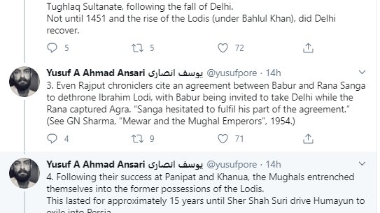 2/n This is a rubbish claim. Baburnama has no record of it (point of agreement comes in the translator's note). It is to be noted that he wasn't writing his diary during that period. Rajput chroniclers say otherwise than what GN Sharma claims.  https://twitter.com/yusufpore/status/1256982053851021313?s=20