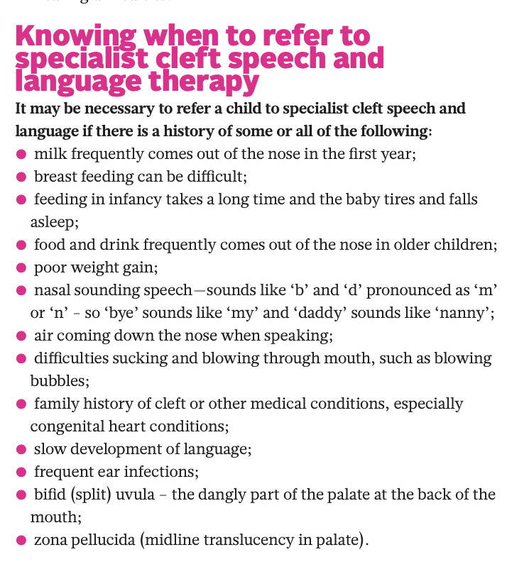 RCSLTpolicy's tweet photo. It is important to know when to refer someone to specialist #CleftSLT - our new #cleft lip & #palate factsheet highlights some of the things to look out which might trigger a referral. Read more here: https://t.co/InJitsyK2i #BehindEverySmile https://t.co/9CwcqXqrds