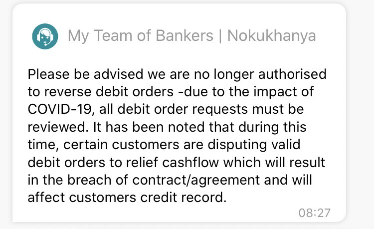And here I thought that <a href="/FNBSA/">FNB South Africa</a> is a bank that support their customers. I need a debit order reversed and this 👇 is the response I get. Totally unacceptable