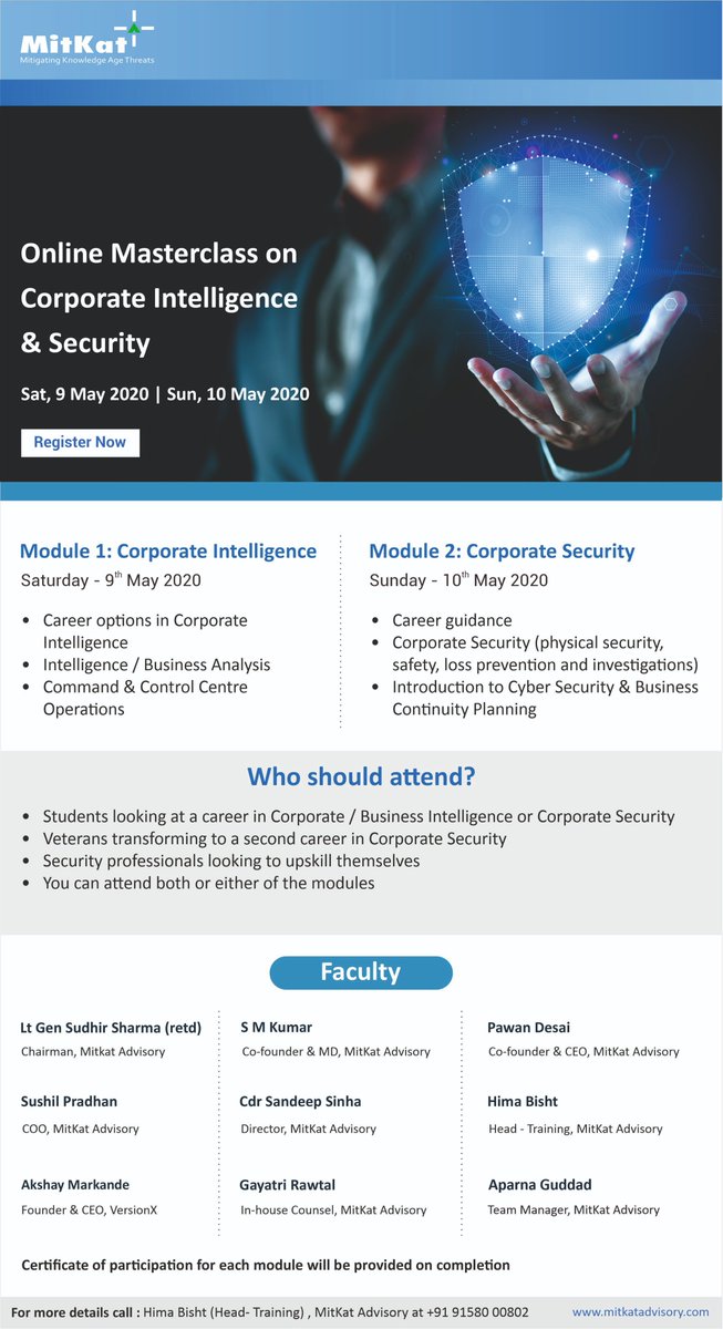 MitKat_Advisory's tweet photo. Join our Weekend Online Masterclass on #CorporateIntelligence and #CorporateSecurity on 9 &amp; 10 May 2020. 

Register here: https://t.co/MAiUoK86ME  

5 Days left...

#OnlineTrainingPrograms #Security #Skillupgradation 
#CISO #CIOs #CSOs  #CROs #CTOs https://t.co/NoXKoj4g4o