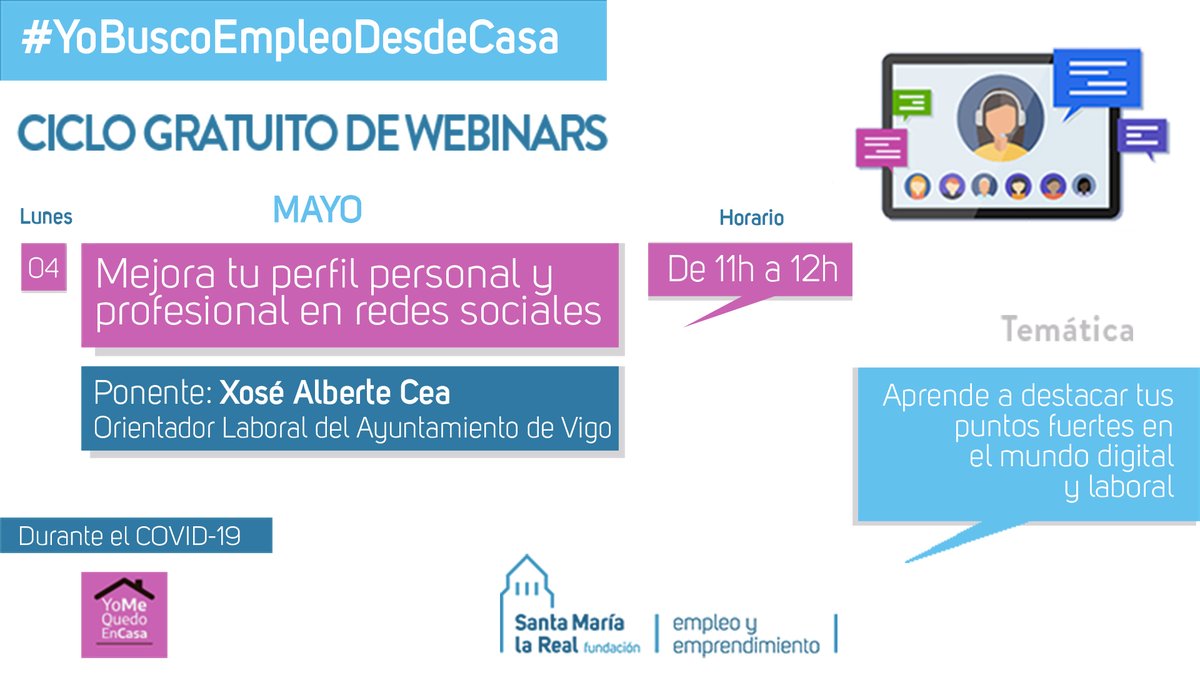 ¡𝗟𝗨𝗡𝗘𝗦 = #FormaciónOnline en #Empleo! Te esperamos HOY en YouTube (11h.⏰) en el #Webinar 5⃣ "Mejora tu #perfil personal y profesional en #redessociales", con <a href="/XAlberte/">Xose Alberte Cea</a>, orientador laboral en <a href="/CMEmpregoVigo/">Concellaría de Emprego do Concello de Vigo</a>
▶️ Síguelo aquí: bit.ly/webinar-05-yob…

#YoBuscoEmpleoDesdeCasa 💪