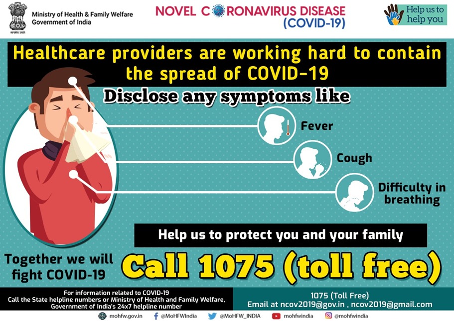 MoHFW_INDIA's tweet photo. #IndiaFightsCorona:

Do not hesitate in disclosing symptoms. Help us to protect you and your family. Together we will fight #COVID19.  

#CoronaOutbreak #SwasthaBharat #HealthForAll #Lockdown3 https://t.co/TbO5f0M11O