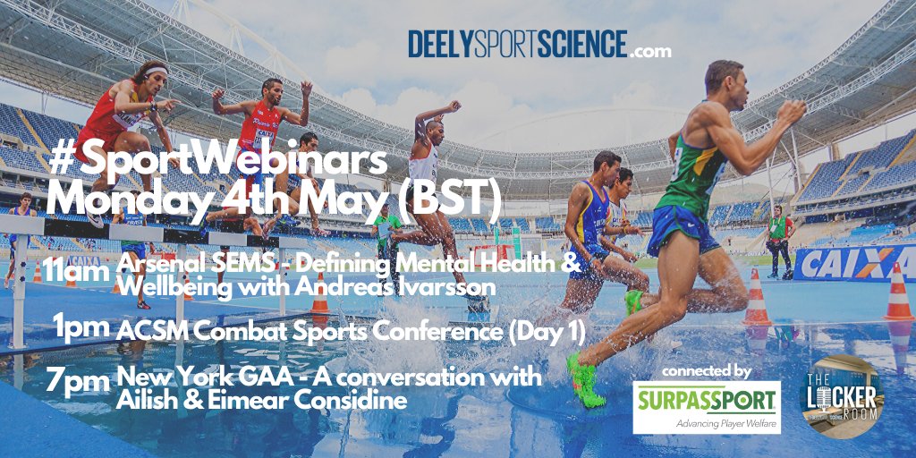 🚨Reminder of today's webinars 👇🚨
11am: @ArsenalSEMS on mental health in sport
1pm: @ACSMNews Combat Conference with @MarkGermaine 
7pm: @NewYorkGAA with @EimearConsidine and @Duckyc7 

Links to register available here! buff.ly/2xhngUP

@surpassport @ageissel