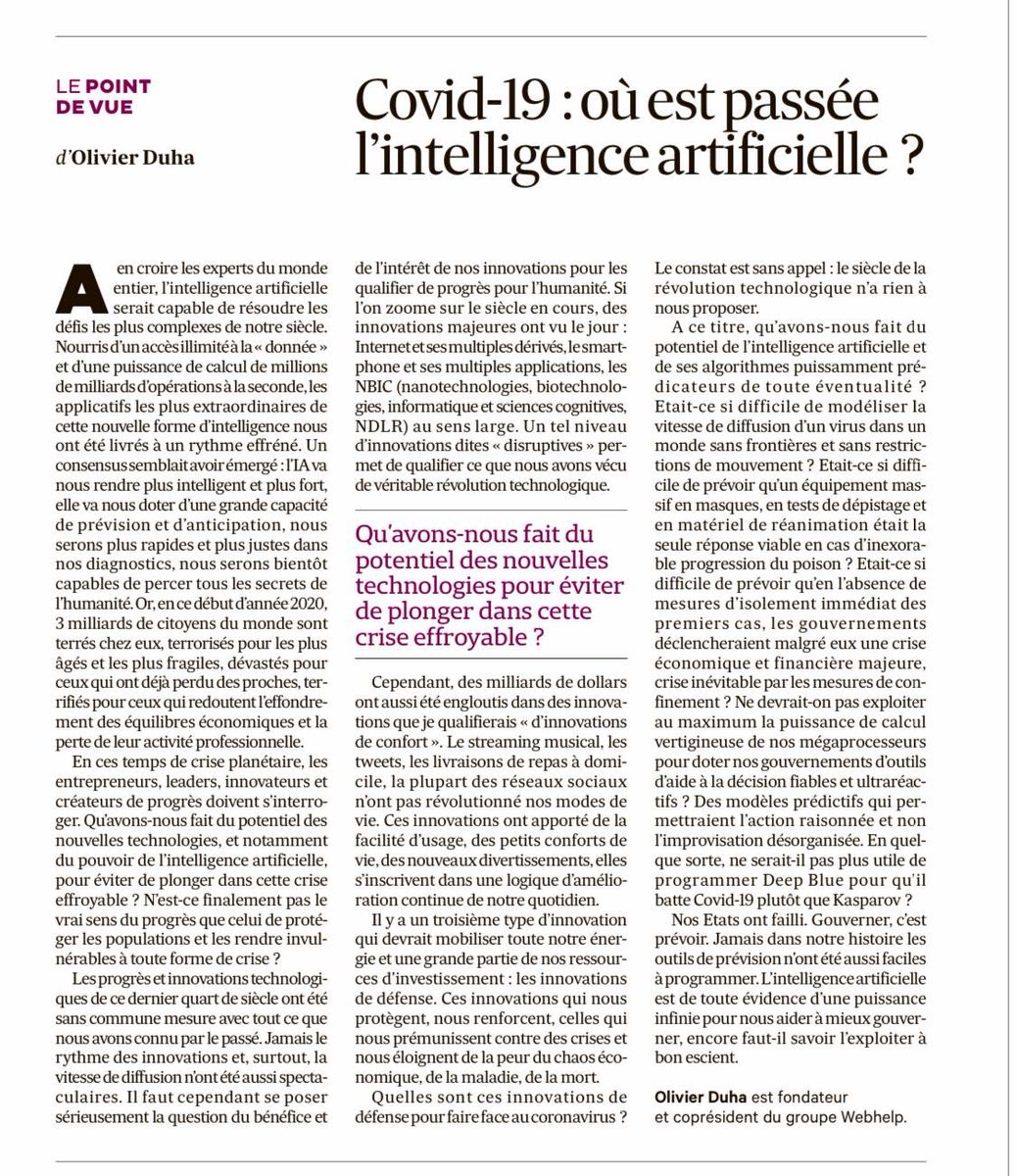 Ma tribune dans <a href="/LesEchos/">Les Echos</a> du jour. Covid-19 contre Deep Blue: Échec et mat. Utilisons le plein potentiel de l’IA pour mieux prévoir et prédire, pour une action raisonnée et non l’improvisation désorganisée #COVIDー19 #iA