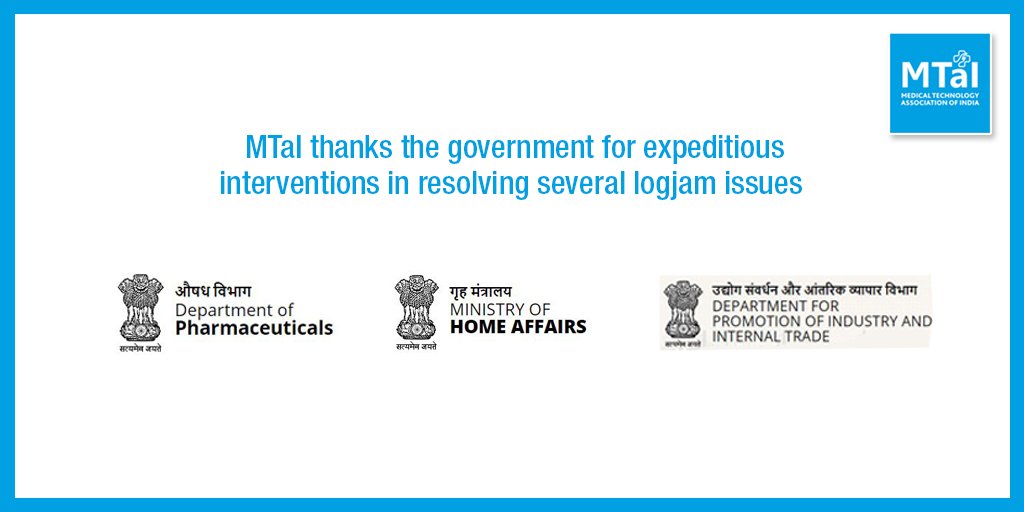 MTaI thanks the <a href="/Pharmadept/">Department of Pharmaceuticals 🇮🇳</a> <a href="/HMOIndia/">गृहमंत्री कार्यालय, HMO India</a> &amp; @DIPPGOI for their expeditious interventions in resolving several logjam issues and request support from the government in maintaining liquidity so that it can continue supplying essential medical devices in treatment of #COVID19 patients.