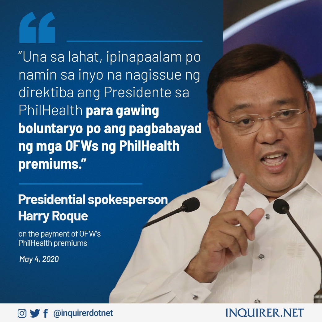 inquirerdotnet's tweet photo. President Rodrigo Duterte has ordered PhilHealth to make the payment of premiums of OFWs to be voluntary, Malacañang said.

Read: https://t.co/0aH6fTJIcR https://t.co/RwpYIhDof3