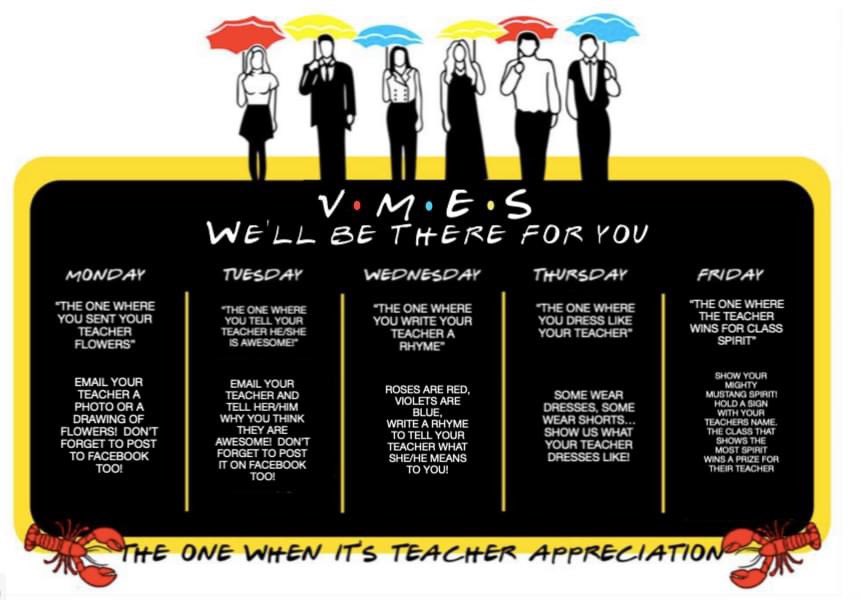 PtaVmes's tweet photo. Teacher Appreciation Week-The One Where We Were Quarantined
@VMESMustangs show your teachers “You’ll Be There For Them” this week! We love our rockstar teachers 💚💛 @BrickSupt @Brick_K12 @MsMac_BTPS #TeacherAppreciationWeek #vmespta #mustangpride https://t.co/r711uWNBum