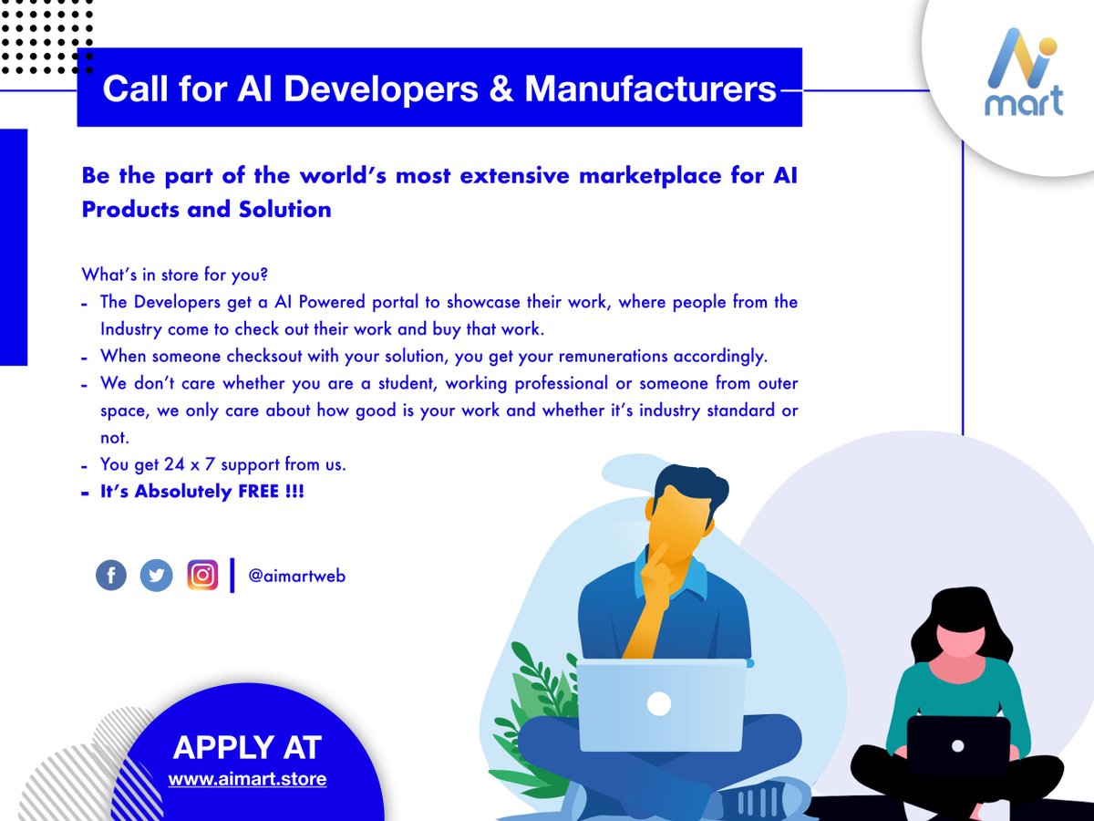 aimartweb's tweet photo. Its a call to all the AI developers and Manufacturers out there to join us and take on the journey to the future...
Apply at https://t.co/QPng7av6zm
#AI #ML #Developers #Manufacturers #SayHiToAI https://t.co/5LwEQeI9cm