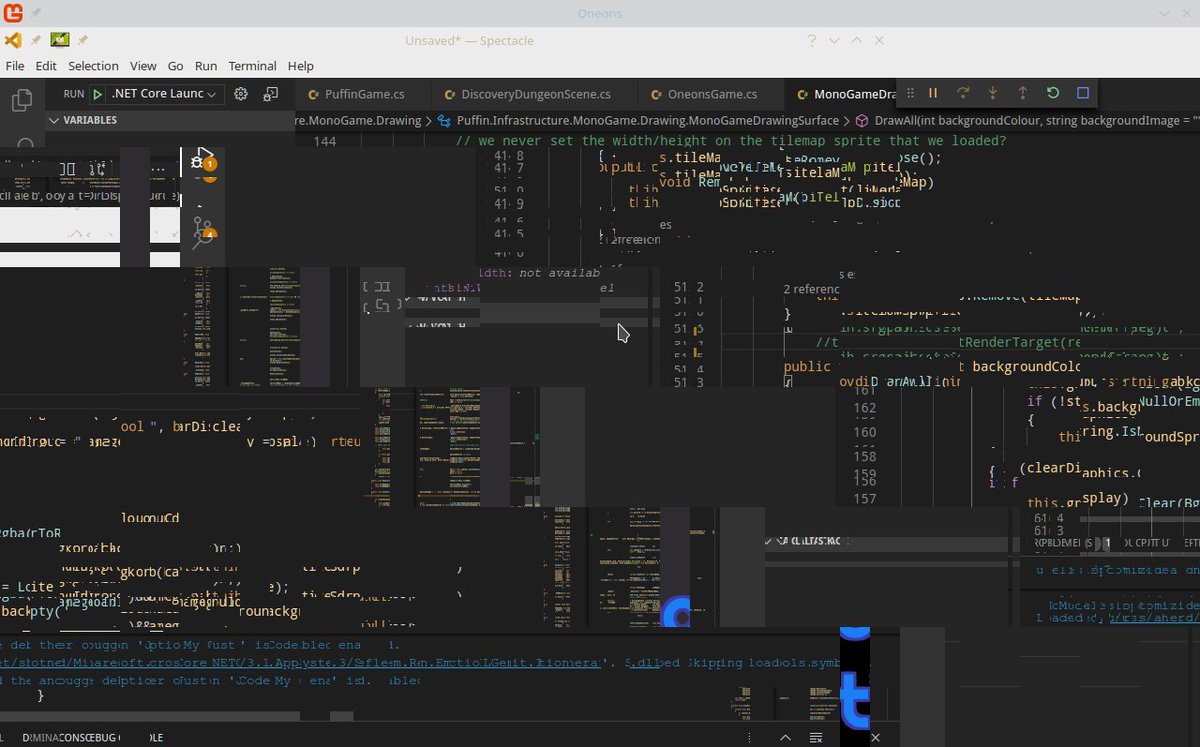 nightblade99's tweet image. Well, that&apos;s interesting. If you draw onto an uninitialized render target in #MonoGame, you end up with whatever was last on the display (in my case, VS Code) scrambled in a pretty cool way, actually. 🤔 Possible glitch effect?

#PuffinEngine #GameDev