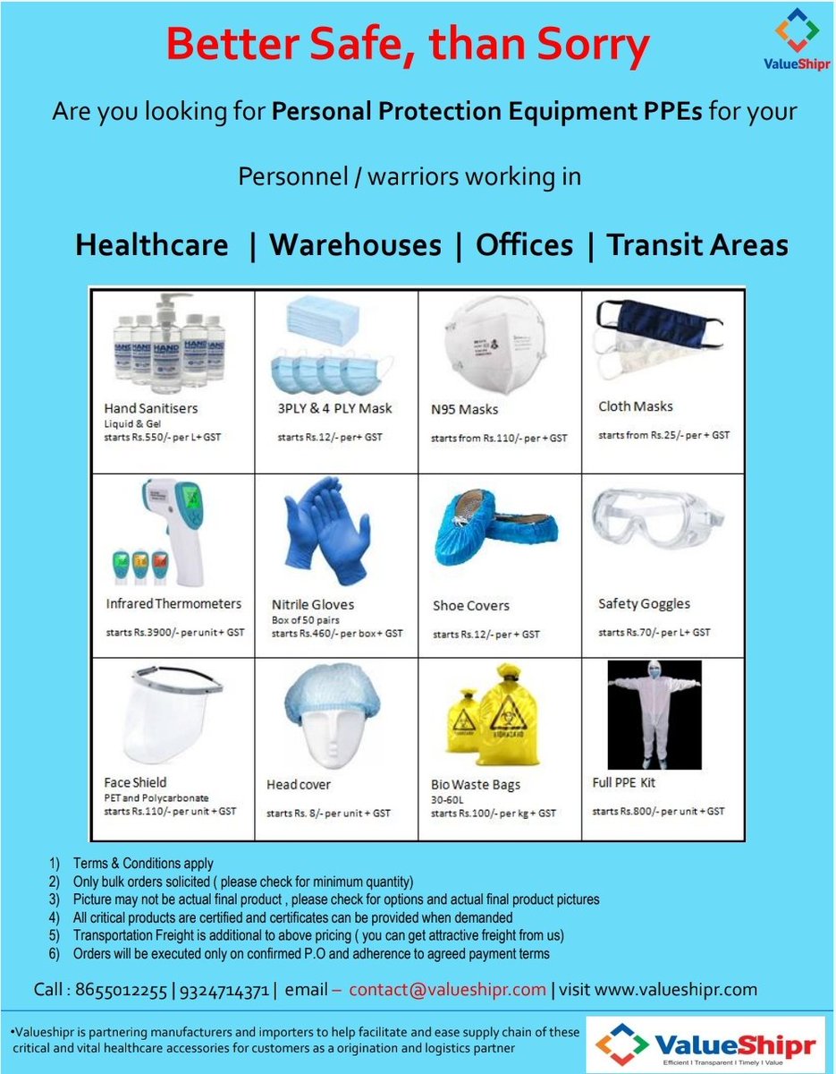 valueshipr's tweet photo. Source the most critical #healthcare #PPEs via #ValueShipr for your team members, personnel working in #healthcare #offices #warehouses #transitareas or even #donate them to the Covid warriors. Call 8655012255 email- contact@valueshipr.com.
*Only bulk queries. #CSR https://t.co/xDgNGFX0hU