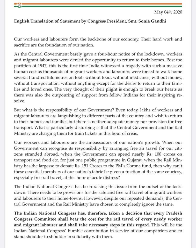 maryashakil's tweet photo. Cong comes for rescue of migrants who have been made to pay for their travel by the Railways. Cong Prez Sonia Gandhi says Cong will bear the cost for the rail travel adding “humble contribution in service of our compatriots &amp; to stand shoulder to shoulder in solidarity with them” https://t.co/P7MDQhxn2z