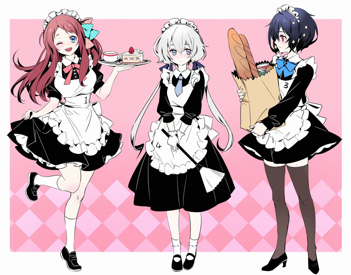 konno junko ,minamoto sakura ,mizuno ai baguette food multiple girls bread bow maid headdress maid  illustration images