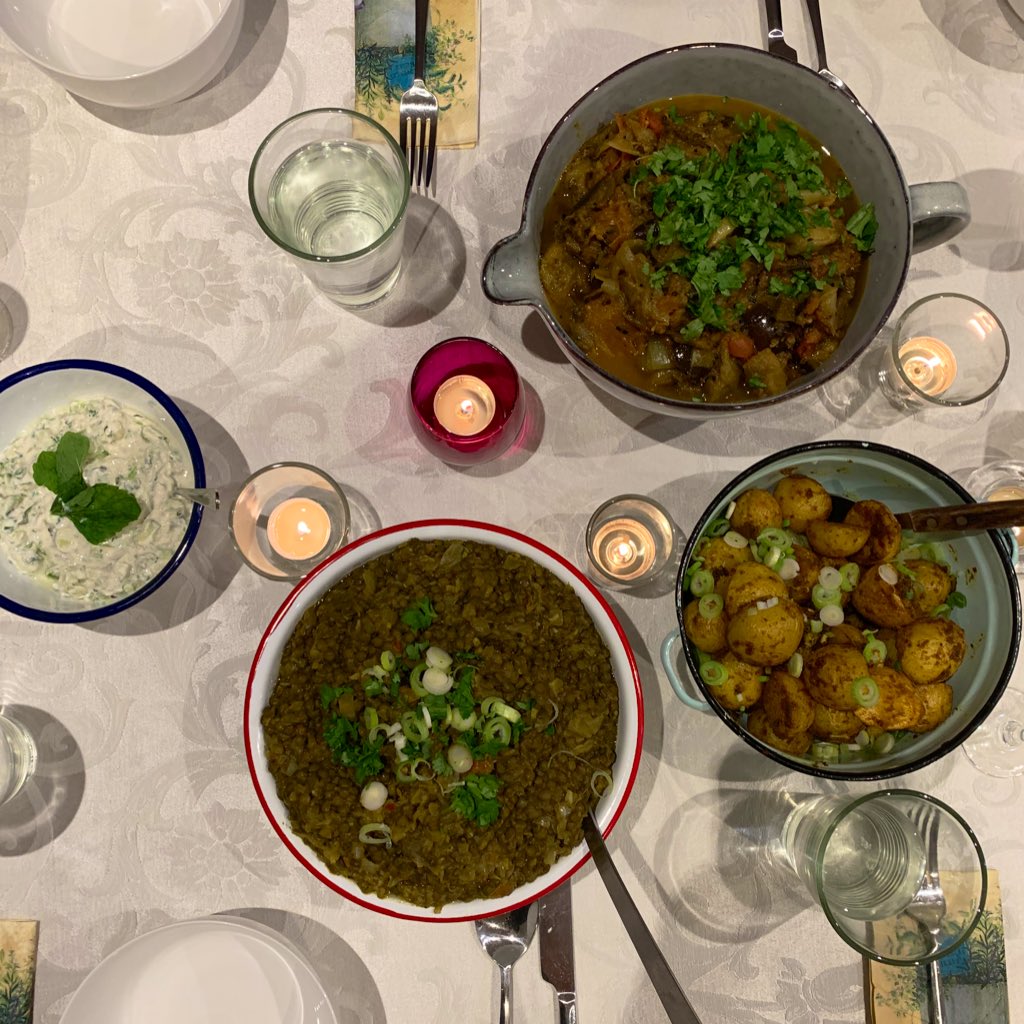 this is me catching up - saturday night (socially distanced) dinner for my family. tadka daal, turmeric and cumin roast potatoes, baingan bharta, raita