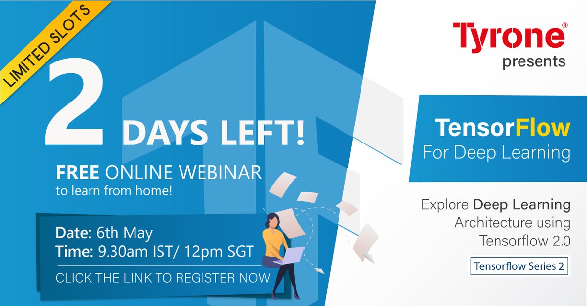 TyroneSystems's tweet image. 2 MORE DAYS to Tensorflow for Deep Learning webinar series 2! It will be live on 6/5 at 9.30am IST/ 12pm SGT. 
Register now! Limited slots left: us02web.zoom.us/webinar/regist…

#tensorflow #freecourse #tensorflowcourse #ai #deeplearning #deeplearningcourse #onlinecourse #machinelearning
