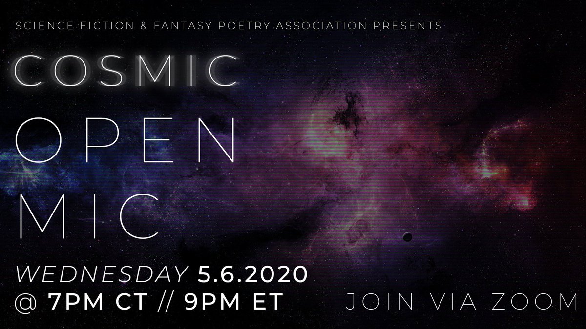 I'll be hosting <a href="/sfpoetry/">SF & F Poetry Assn</a>'s first COSMIC OPEN MIC.

facebook.com/events/2301242…

With readings by yours truly and
<a href="/thaoworra/">thaoworra</a> <a href="/webbish6/">Jeannine Hall Gailey</a> @JReinhartPoet <a href="/maudlinragdoll/">Saba Syed Razvi</a> @rawqeli 

Come through! We also need readers so please feel free to fill out our form: bit.ly/SFPAOpenMic050…
