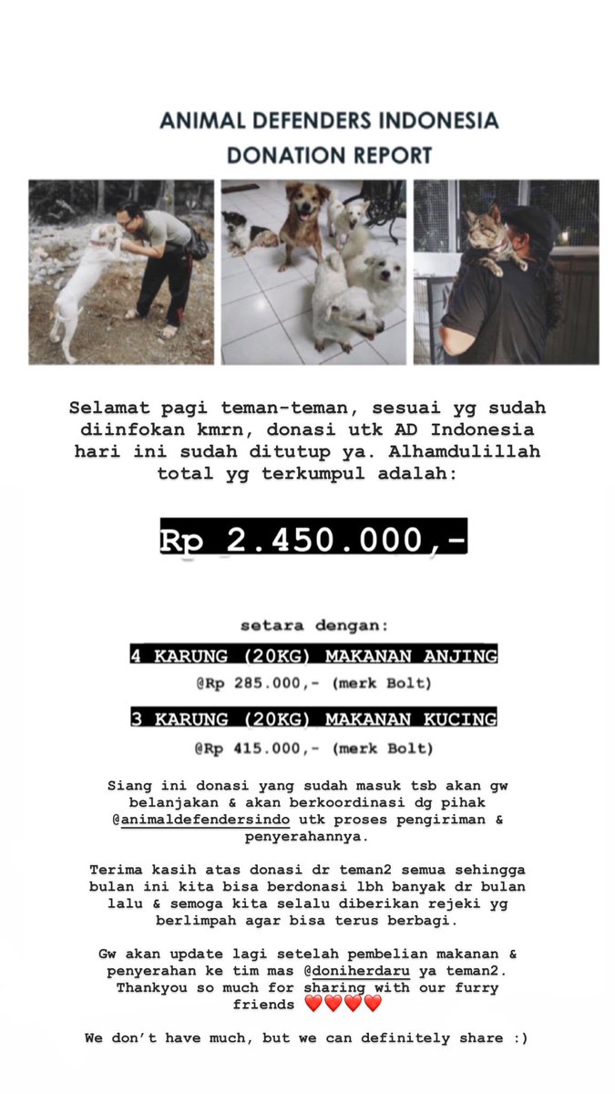 amandaeddin's tweet photo. #donationreport for shelter Animal Defenders Indonesia @doniiblis
Terima kasih teman2 semua yg sudah berdonasi. Akan segera gw update pembelian makanannya 🙏🏻🙏🏻 https://t.co/YdSCN35XjF