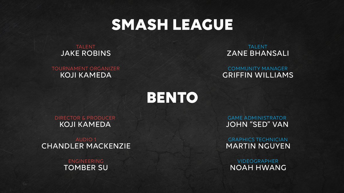 SmashLeagueGG's tweet photo. Shoutouts to everyone who made #SmashLeague possible: 

@chroma_smash | Talent
@epengu | Talent
@BentoKoji | Director, Producer, TO
@SSBM_Faceroll | Community MGR
@HighHero_ | Game Admin
@seemackzee | A1
@howyouduy | GFX Dev &amp; Replay
@tomberino | Engineering
@NoahHwangg | Video https://t.co/Ap2ZNGLdVJ