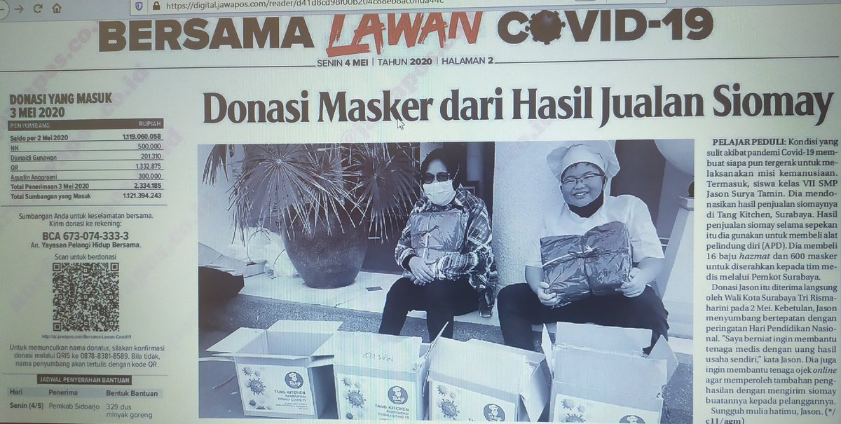 ainurohman's tweet photo. Jason, seorang siswa SMP kelas VII dari Surabaya, berjualan siomay selama sepekan. 

Seluruh uang hasil jualannya itu, lantas Jason belanjakan berupa 16 baju hazmat dan 600 masker utk membantu tenaga medis. 

Keren Jason! 👏 https://t.co/rqyTcbqdHB