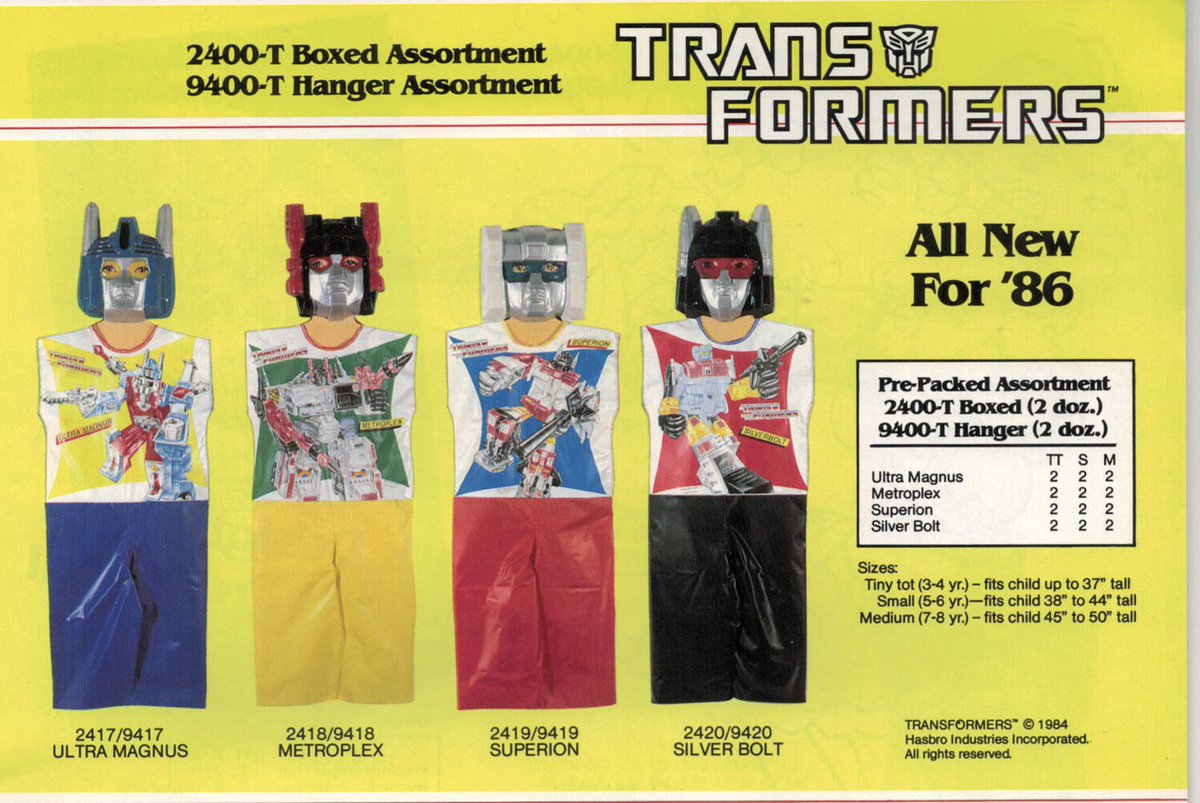 TFJoeBot1's tweet photo. Transformers 1986 Halloween Costumes

You can choose from Ultra Magnus, Metroplex, Superion and Silverbolt. It looks like Superion and Silverbolt’s masks have been switched. Which would you choose? https://t.co/z14ahGQvUr