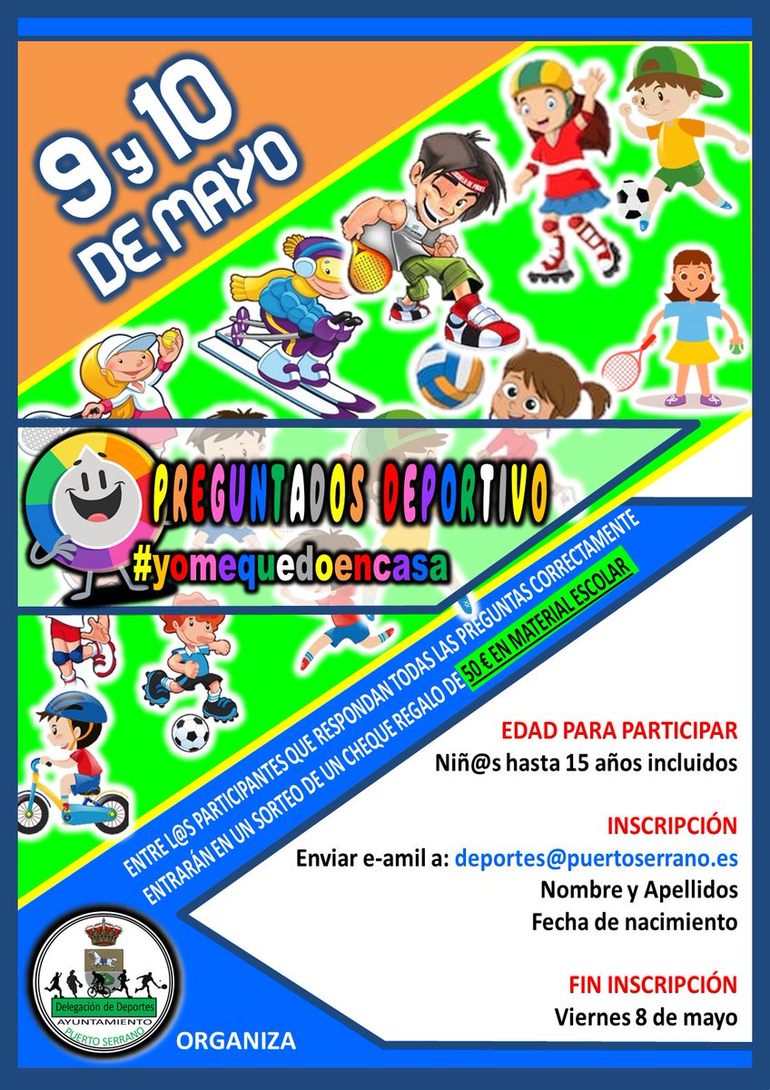 DxtesPtoserrano's tweet photo. PREGUNTADOS DEPORTIVO

Os recordamos que este viernes termina el plazo para inscribirse en la activ. organizada por la Deleg. de Dxtes.

Los cuestionarios rellenos se envian entre el sábado y el domingo, y la foto con el diploma  justamente cuando se haya enviado el cuestionario. https://t.co/ed66junaUw