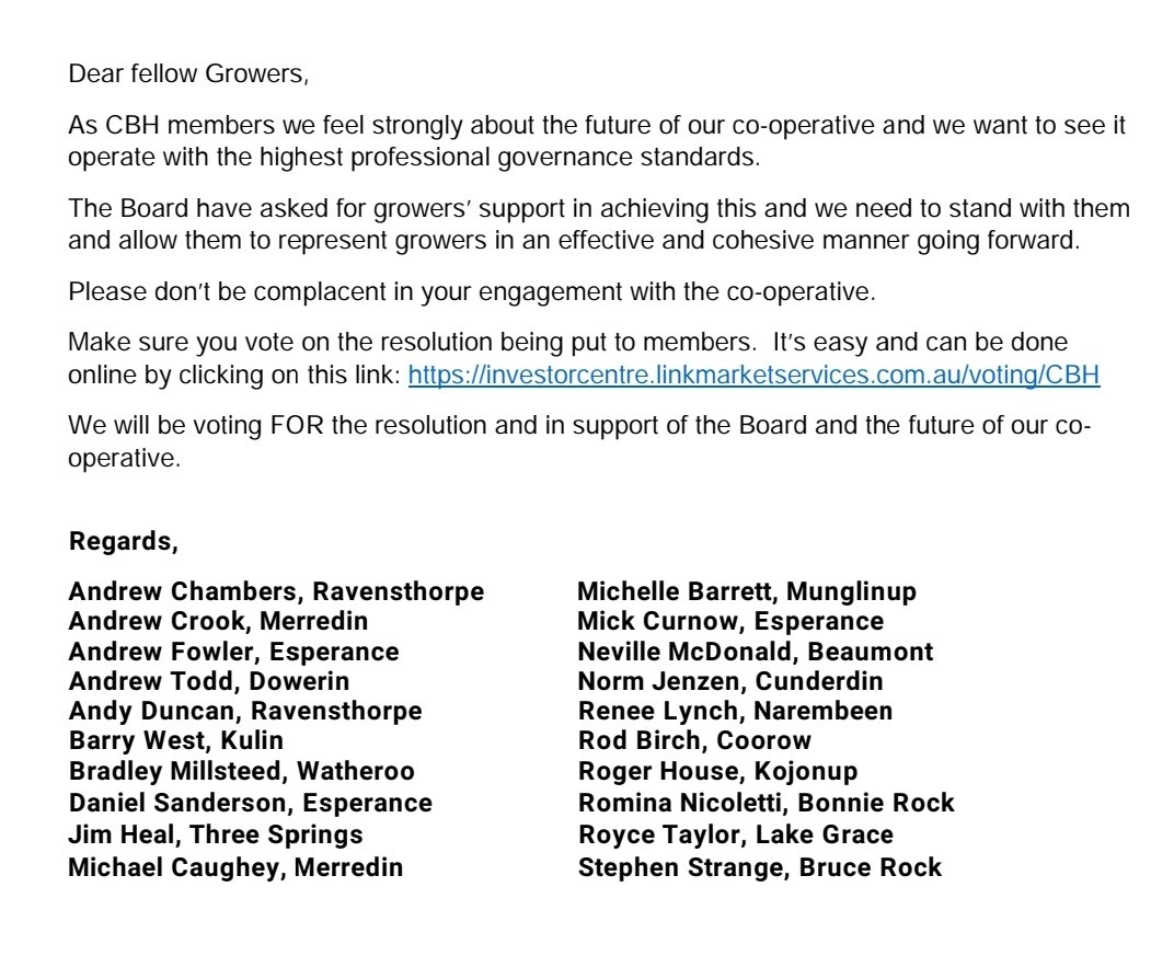 I'm part of a group of growers deeply concerned with where our #CBH has been and want nothing more than a brighter future of our #CBH 
Please engage in this voting process and give the new board a chance to move forward without any of the baggage from previous generations