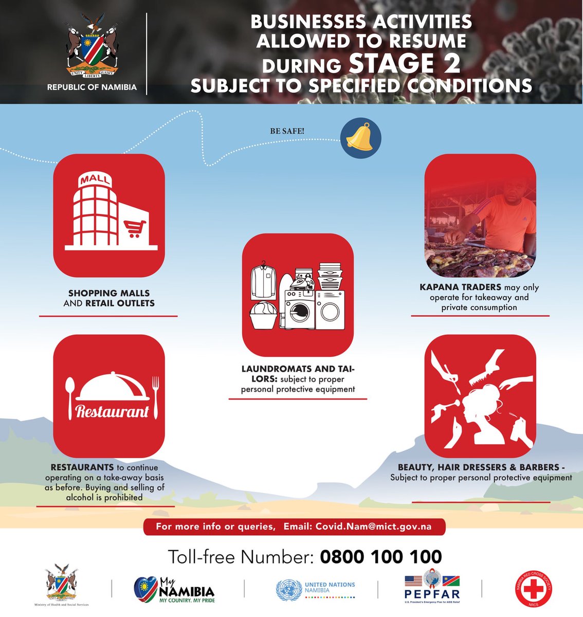 NNPCampaign's tweet photo. Kindly take note of business actvities allowed to resume during STAGE 2 of the lockdown subject to specified conditions.

#StayHomeStaySafe
#Covid19nam 
#LockdownNam
#lockdownstage2 #mynamibiamycountrymypride https://t.co/SSvO0Ro2nW