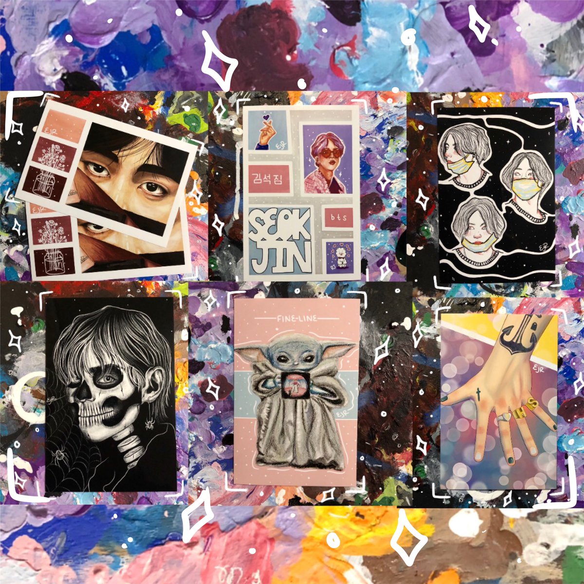 cypherika's tweet photo. hii friends !!

these are the stickers, prints, &amp; shirts available in my shop! also, my commissions are open. i work with lots of mediums so please dm me if you're interested !! i've linked my portfolio &amp; etsy so feel free to check them out. thank youu💛
https://t.co/QEXfGynRfe https://t.co/GGMPQlsNkp