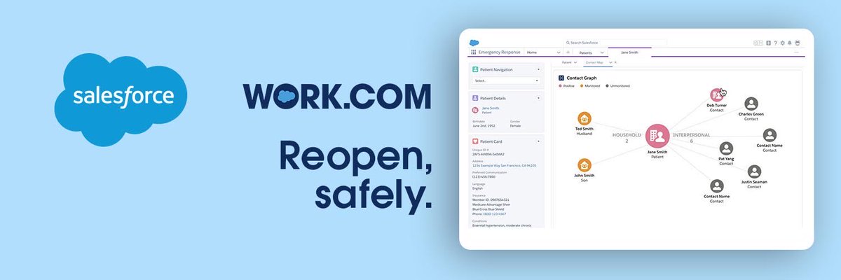 Introducing the Work.com platform — tools to help every community and company reopen safely

💻 Workplace Command Center
🤝 Contact Tracing
🏥 Emergency Response
🤒 Employee Wellness
🗓 Shift Management
👩🏽‍🎓 Reskilling
🎗️ Volunteer Management