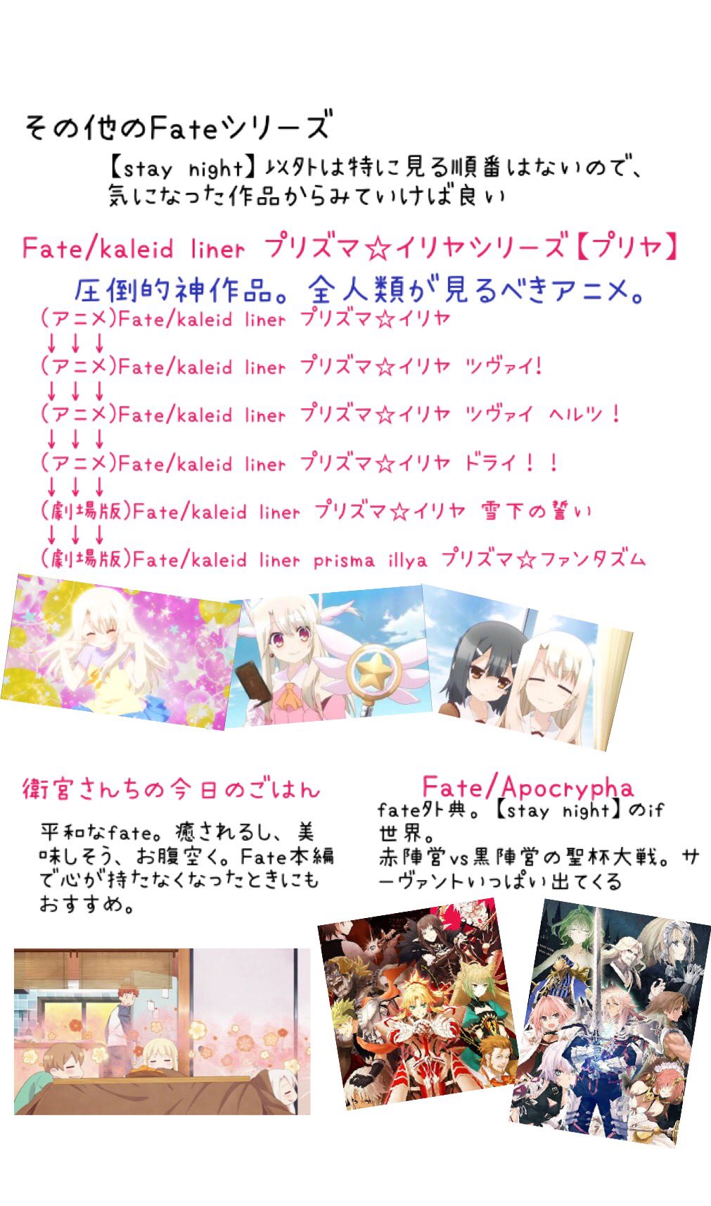 しば Twitter પર Fgo5周年とのことですが Fateってシリーズ多すぎてよくわかんないから見てない って人に向けて オススメの見る順番とfateシリーズのアニメについて紹介しておきます Fateはまじで面白いので ぜひ見てみてください T Co