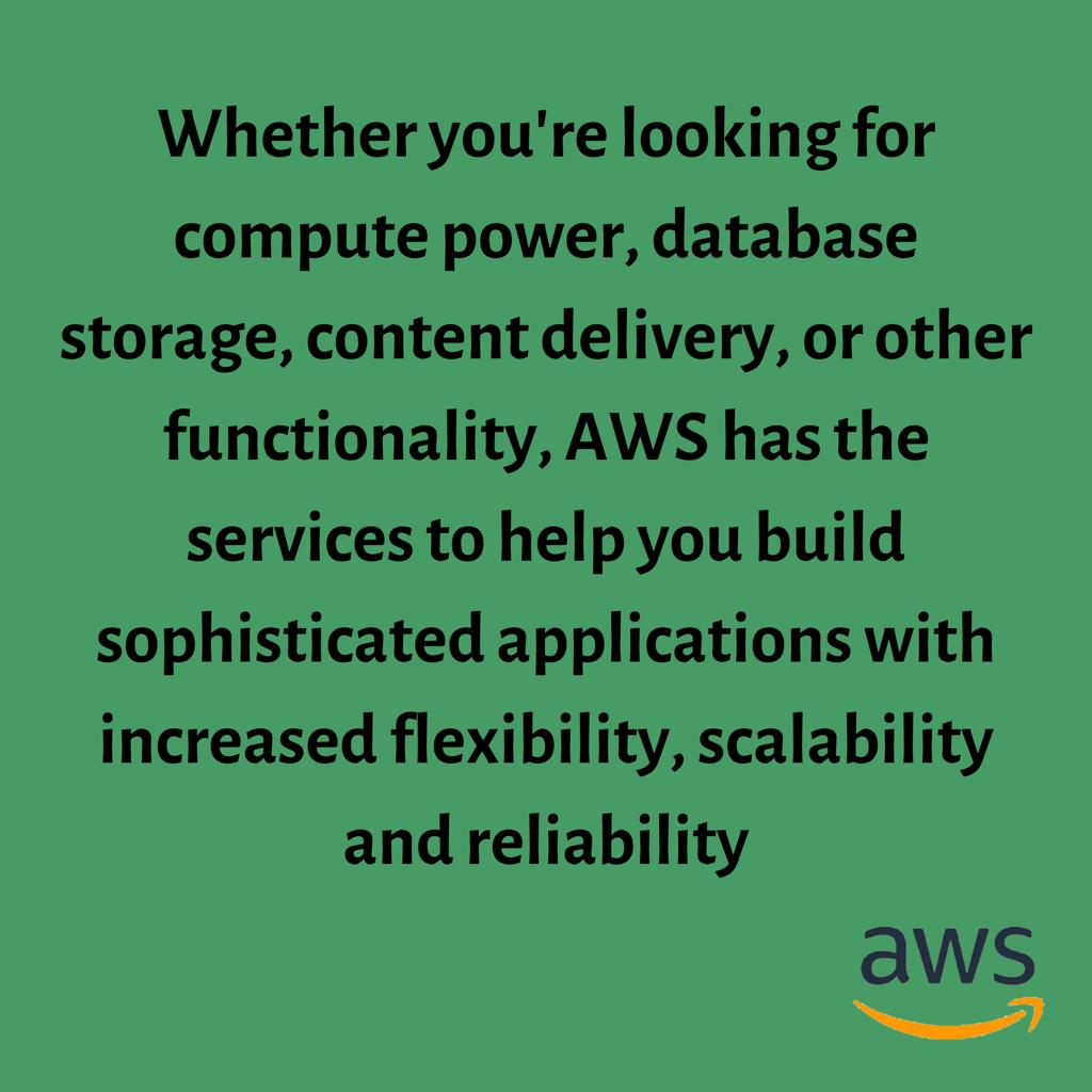 awsxpert's tweet photo. Whether you're looking for compute power, database storage, content delivery, or other functionality, AWS has the services to help you build sophisticated applications with increased flexibility, scalability and reliability
#aws #awsreinvent #awsengineers
#Devs @TopItGuy https://t.co/jjzfuKxkHA