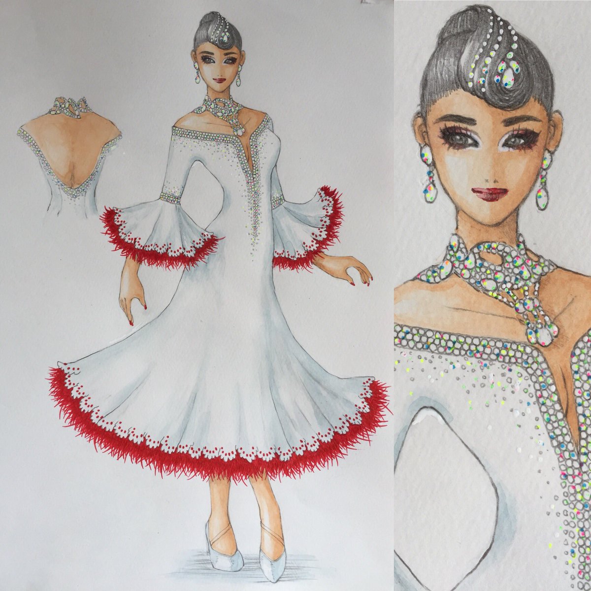 ハナ ボールルームダンスドレスデザイン画 イラスト 水彩画 社交ダンス 社交ダンスドレス ドレスデザイン ダンス ファッション ボールルームダンス