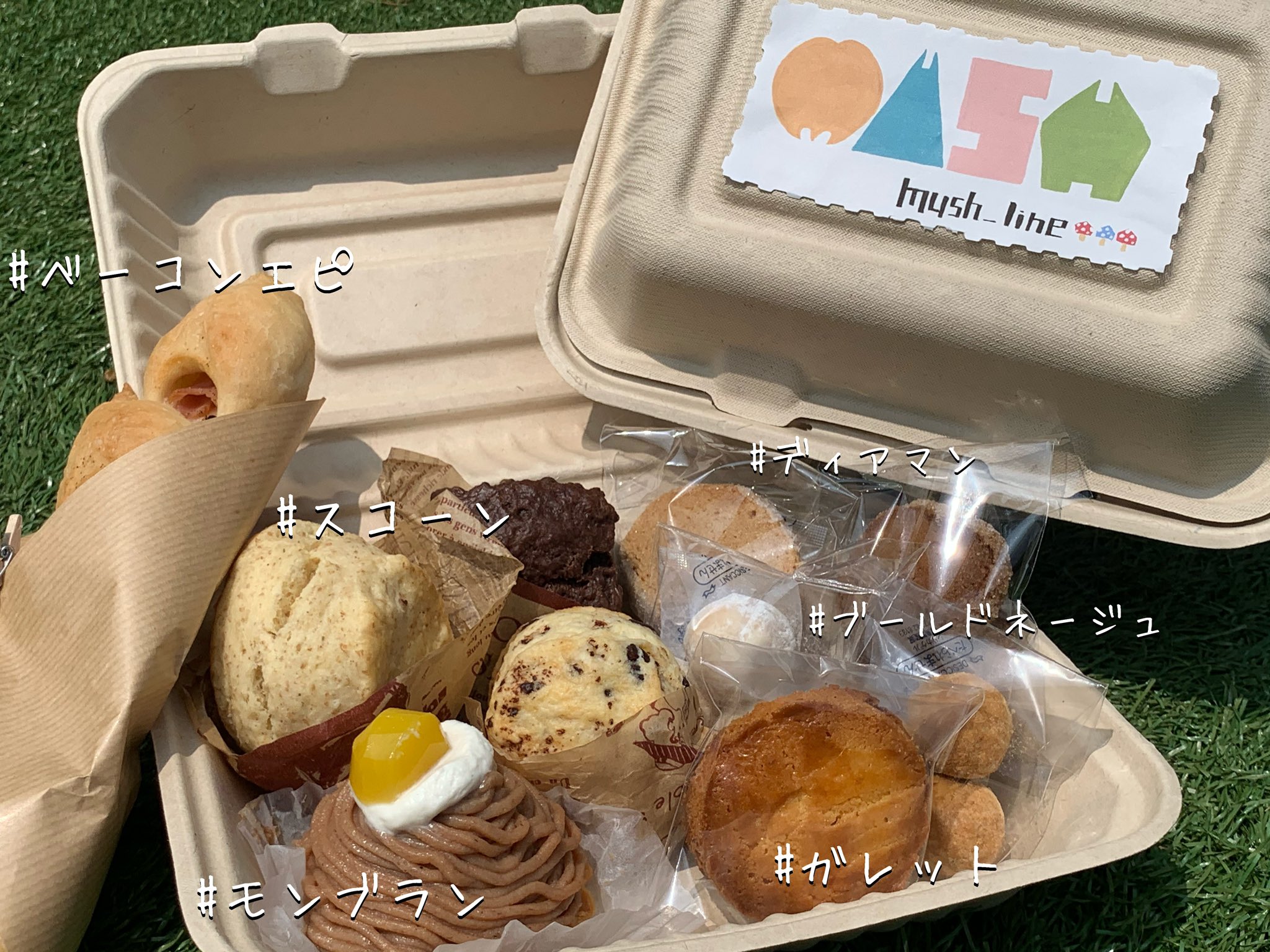 Mush Line 2日間で作ったお菓子をランチボックスにしてみた お菓子のお弁当 主食のパンも 以前書いていたロゴ風な イラストも貼ってみた 自宅の庭で撮影 いい天気だな T Co 1vxgzi8uqy Twitter