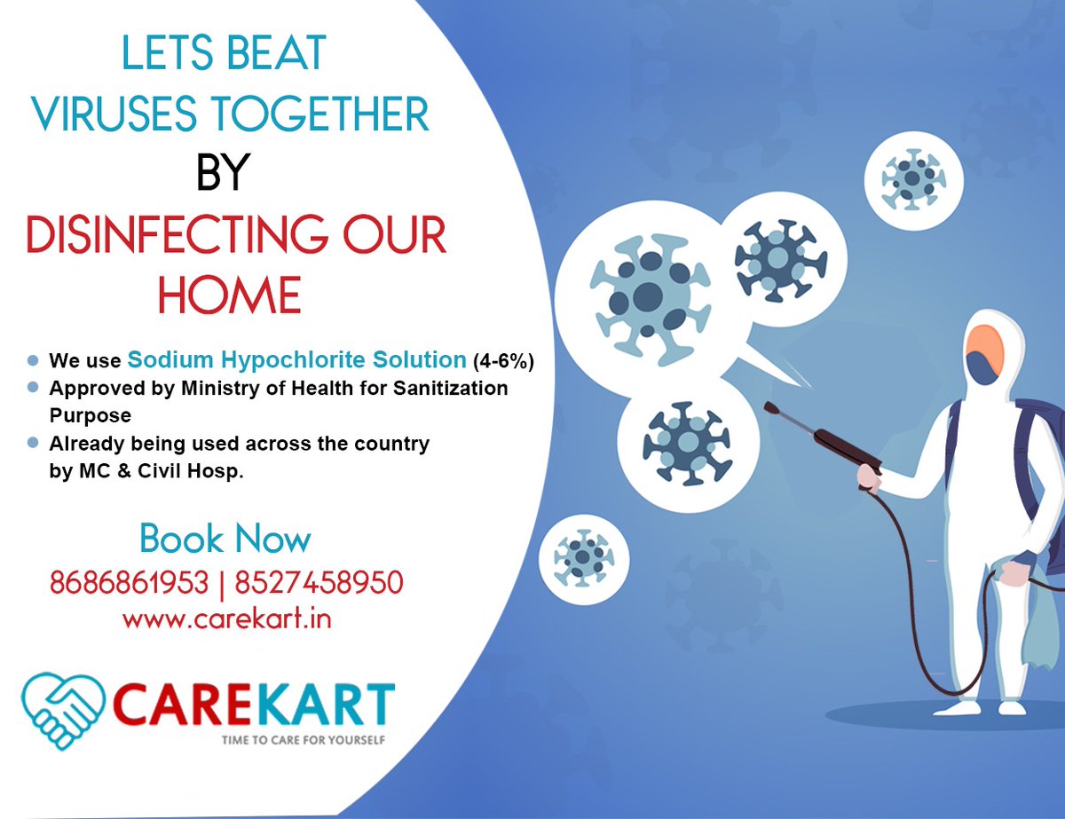 carekart's tweet image. When #sodium #hypochlorite comes in contact with #viruses, #bacteria, #mold or #fungi, it #oxidizes molecules in the #cells of the germs and #kills them.

And this is how your #home will get #safe

#Contact Us! #Yes, we are #available in the #lockdown too.
