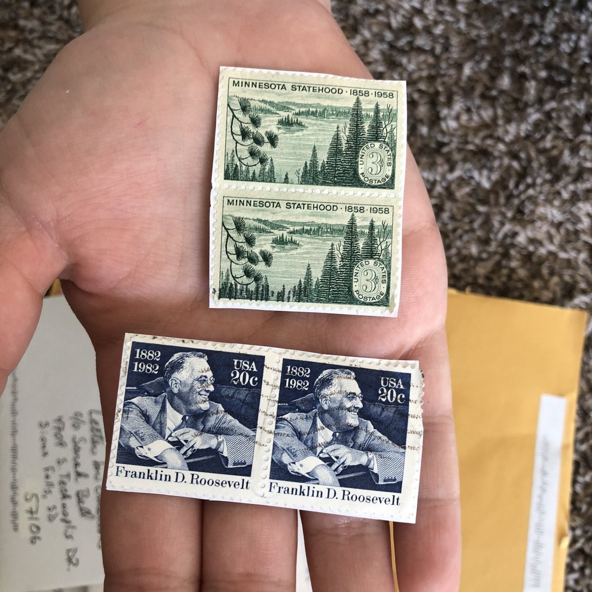 One maintenance manager from Minnesota wanted to inspire her to start collecting stamps so he sent along two stamps of his own from the bulletin board in his office to start her collection.