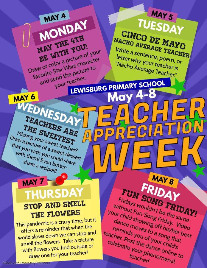 TweetDCS_LPS's tweet photo. May 4-8 is Teacher Appreciation Week! Our teachers work tirelessly with our children the whole year through! Now it’s our time to celebrate YOU! Show your teachers you care this week! #TeacherAppreciationWeek #TeamDCS #LPSRocks https://t.co/PNXaxUitbQ