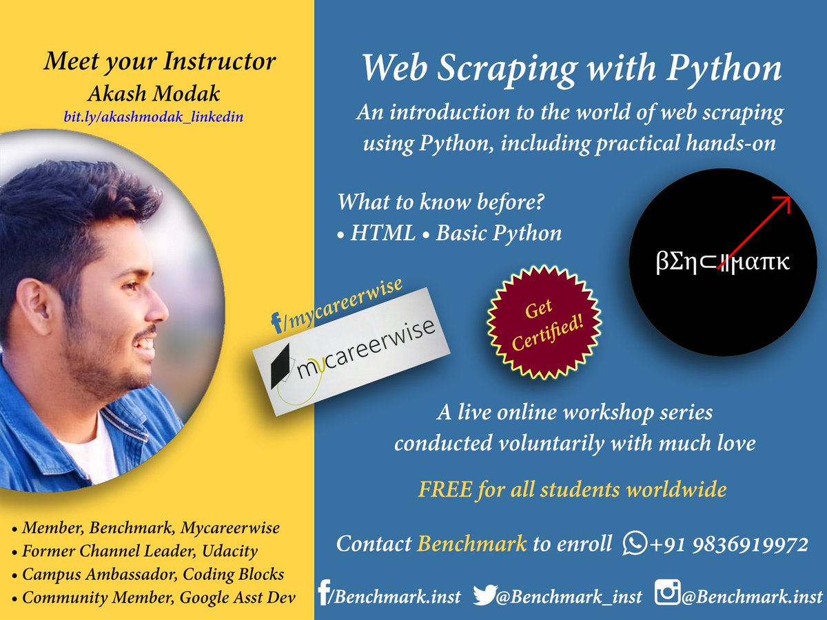 Benchmark_inst's tweet photo. Introducing our proud partner, #Mycareerwise and our skilled member, @akashmodak97 for voluntarily joining hands to conduct this certificate workshop with much love, free for all students worldwide.

Connect with @Benchmark_inst to enroll. 😃❤️✌️ https://t.co/PBonaCIkmr