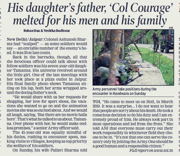 rohanduaT02's tweet photo. Col Ashutosh Sharma,martyred in Handwara,had an enviable no of enemy’s head;back in unit was known as doting father

“Papa said he’ll call back when he returns frm op” daughter Tamanna

“Last we spoke on May1 when I calld to wish my husb on 26th Raising Day of 21 RR” wife Pallavi https://t.co/J5X4LmvYdi