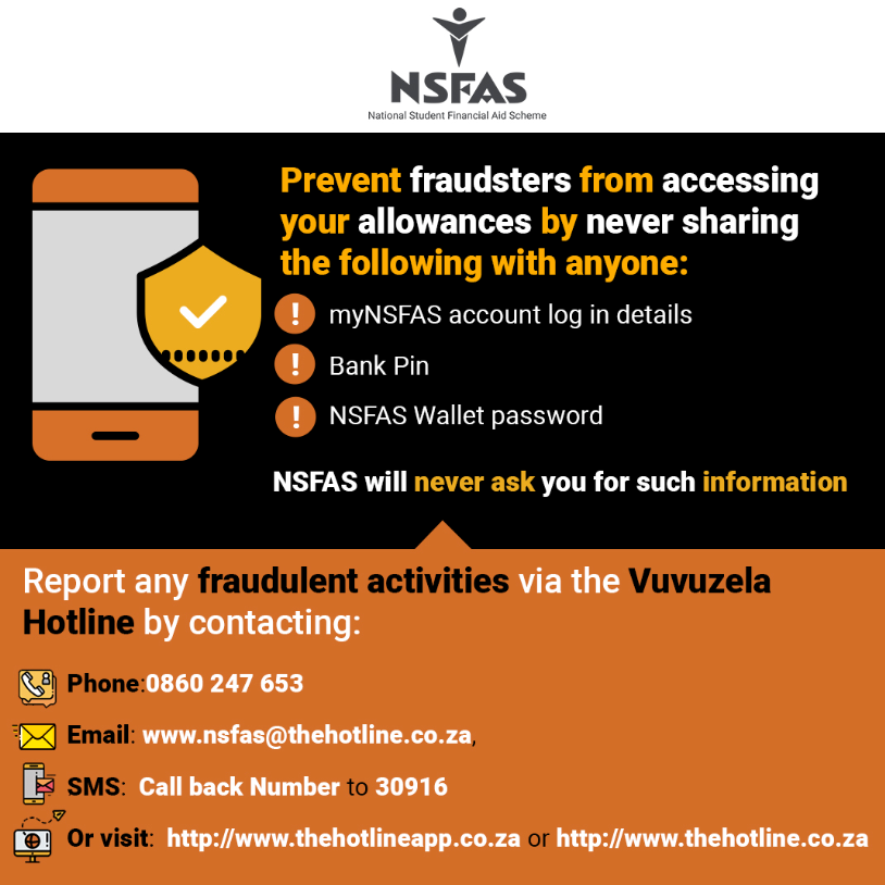myNSFAS's tweet photo. There are fraudsters who are trying to access students myNSFAS accounts and NSFAS Wallets. Do not share your myNSFAS account log in details with anyone. 
Do not share your NSFAS Wallet pin with anyone https://t.co/oFXOcn04J3