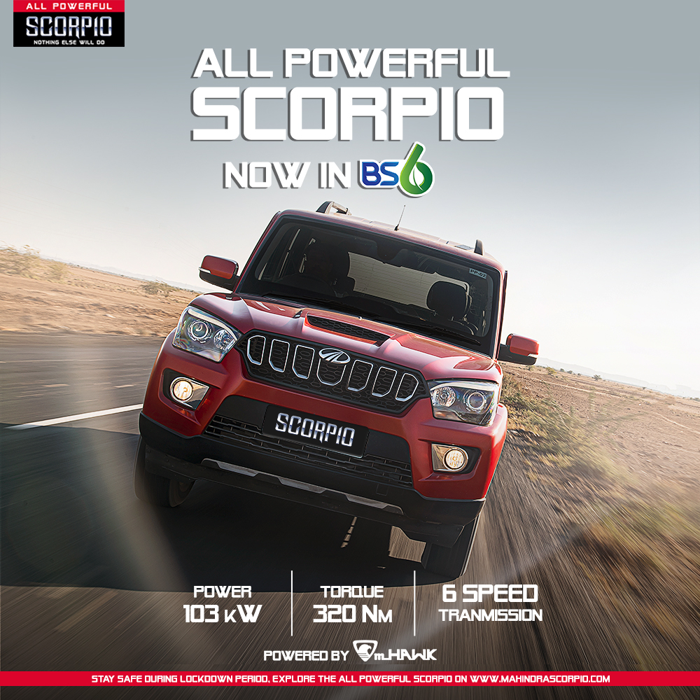 UtkalMahindra's tweet photo. Power-packed performance that gets your heart racing! Presenting the BS6 compliant #AllPowerfulScorpio with the 103kW #mHawk engine.
For Details ☎️ 9437039621 https://t.co/0MtmLvCXxN