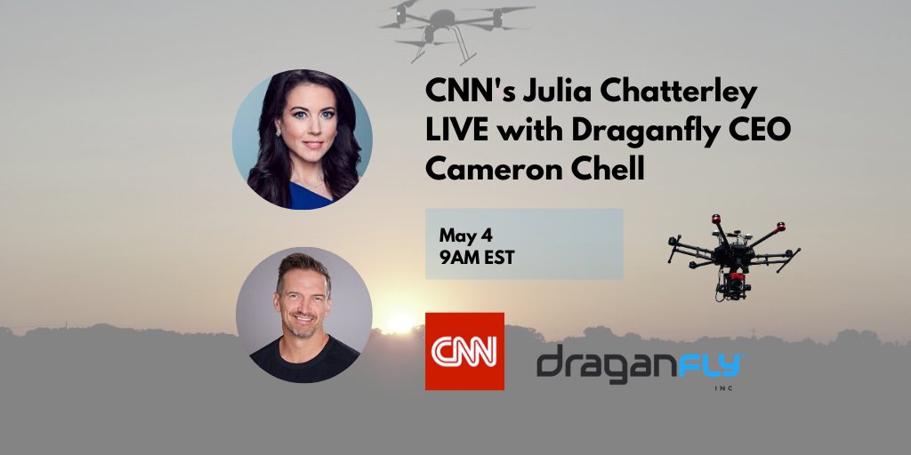DraganflyInc's tweet photo. Draganfly's CEO @cameronchell will be featured on @cnn with Julia Chatterley tomorrow at 9:40AM EST. The segment on CNN will focus on Draganfly Inc’s position as a North American based #drone systems developer and recent announcement. #dronesofNA #draganfly #healthdrones https://t.co/INOwf2bnaa