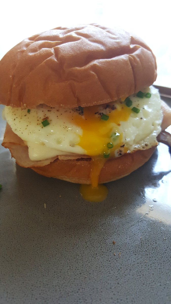 concretemuskrat's tweet photo. My fav breakfast sammich:

Pillowy toasted bun
Sriracha mayo
Sauteed mushrooms
Seared ham or turkey
Melted cheese of choice
Fried egg
Chives https://t.co/g69DfT1bRd