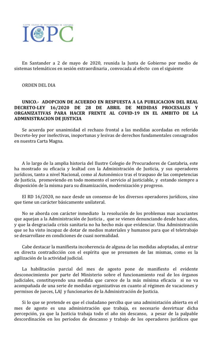 ColegioIlustre's tweet image. El COLEGIO DE PROCURADORES DE CANTABRIA manifiesta su rechazo a las medidas procesales y administrativas para hacer frente al COVID-19 en el ámbito de la administración de Justicia adoptadas por el RDL 16/20 de 28 de abril