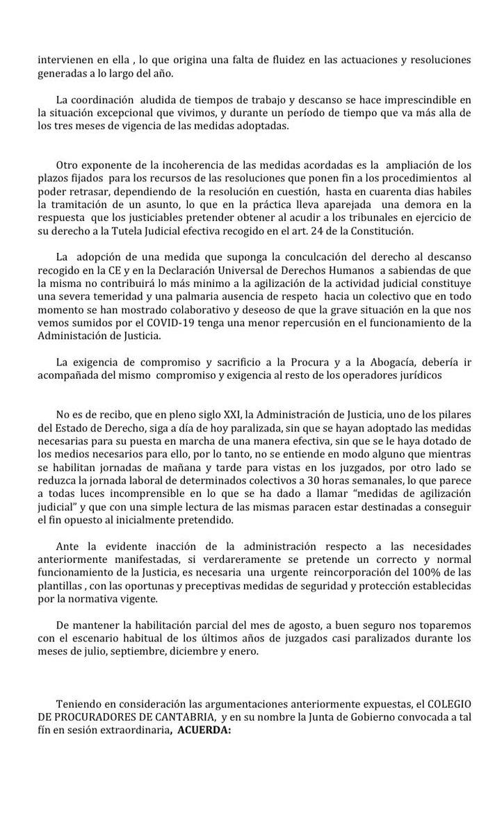 ColegioIlustre's tweet image. El COLEGIO DE PROCURADORES DE CANTABRIA manifiesta su rechazo a las medidas procesales y administrativas para hacer frente al COVID-19 en el ámbito de la administración de Justicia adoptadas por el RDL 16/20 de 28 de abril
