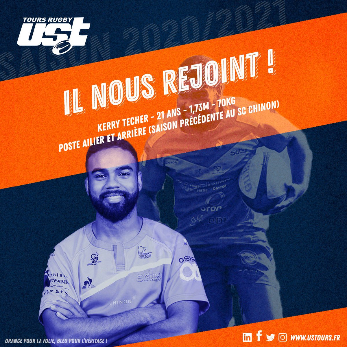 USTours_rugby's tweet image. 🏉 SAISON 2020/2021 🏉

Et voici la deuxième recrue Orange et Bleu 🧡💙 pour la prochaine saison ! 

Bienvenue à Kerry Techer au poste d’ailier/arrière 🙌🏻 

#ust #toursmaville