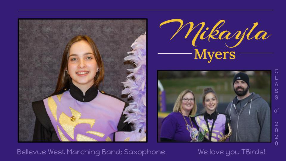 BWHSBand's tweet photo. Senior spotlight on Mikayla Myers! Thank you for being part of the BWMB. 💜  @TbirdEMPIRE @BellevueSchools #TeamBPS #BWMBSenior2020 https://t.co/ykPl3sifp2