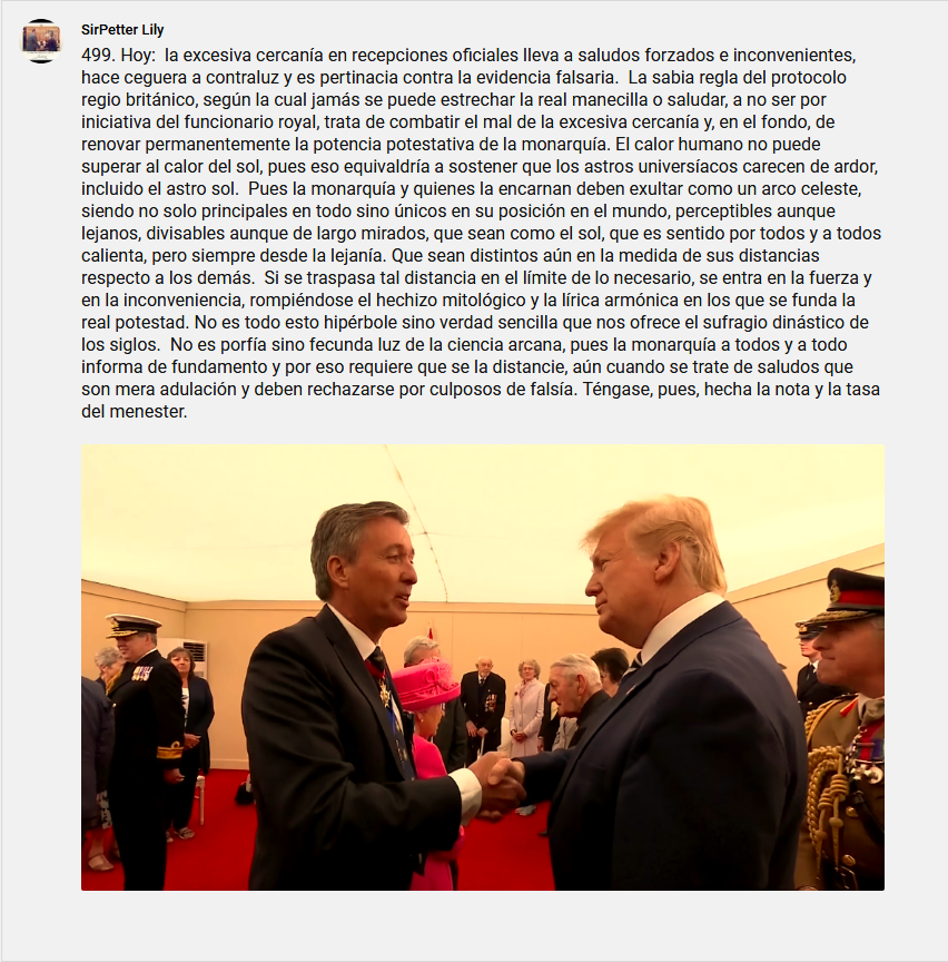 SirPeterLily's tweet photo. 499. Hoy:  la excesiva cercanía en recepciones oficiales lleva a saludos forzados e inconvenientes, hace ceguera a contraluz y es pertinacia contra la evidencia falsaria. https://t.co/NoEX6LfdcR