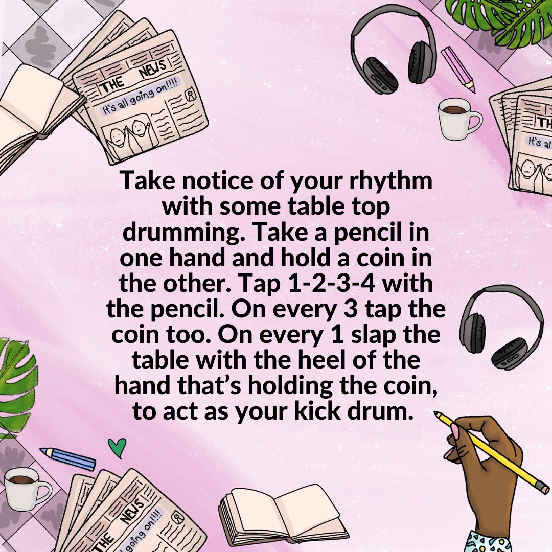 ContactMcr's tweet photo. Today @only_hmd suggests you #takenotice of your rhythm with some table top drumming. You'll need: a pencil (or other appropriate drumstick) in one hand. A coin held between finger + thumb in the other hand. The heel of that hand as your kick drum
#AWeeksNotice https://t.co/wioungpEs3